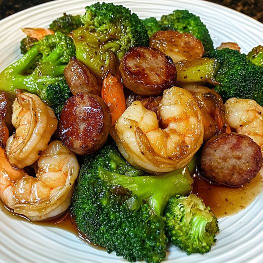 Honey garlic shrimp, sausage & broccoli