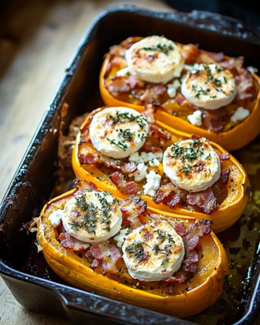 Butternut Stuffed with Bacon, Goat Cheese and Walnuts