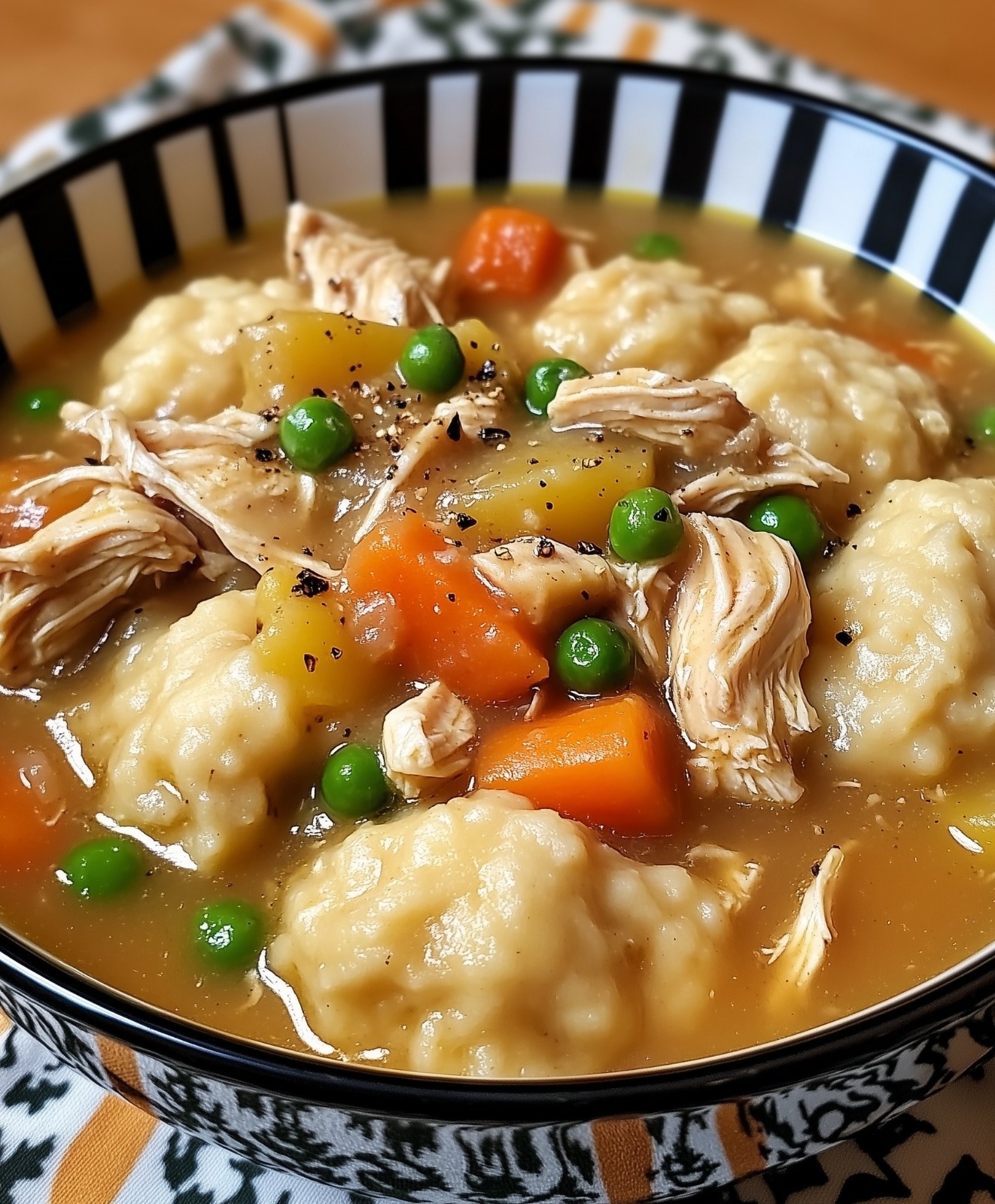 Chicken and dumplings made in a slow cooker.