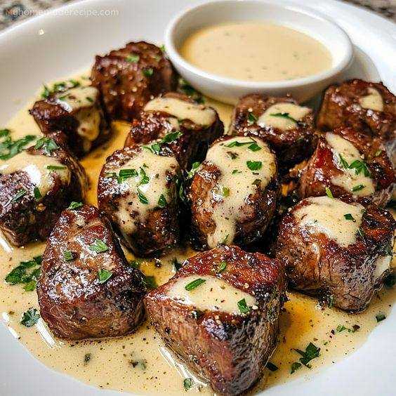 “Garlic Butter Steak Bites with Parmesan Cream Sauce