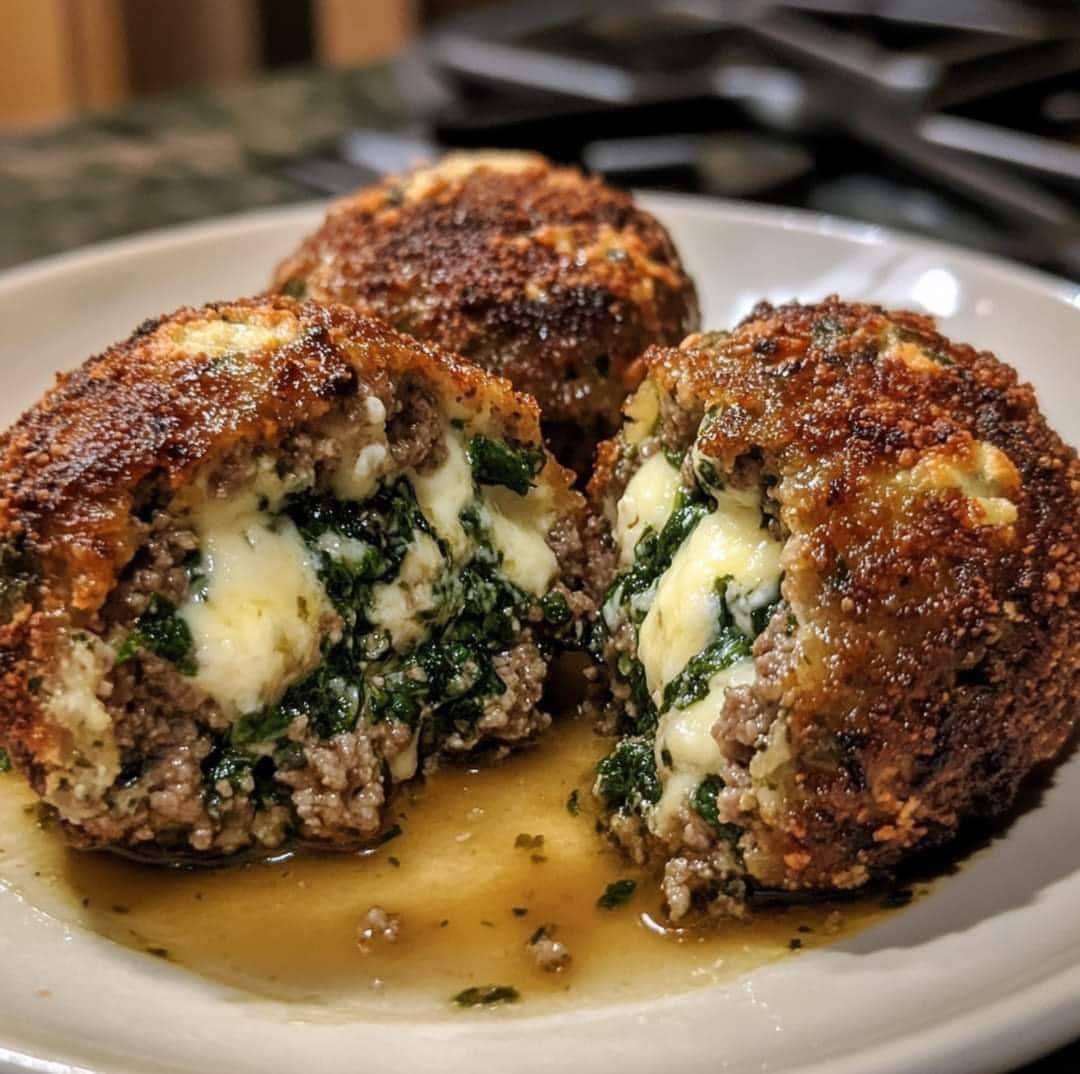 Spinach Garlic Meatballs Stuffed with Mozzarella