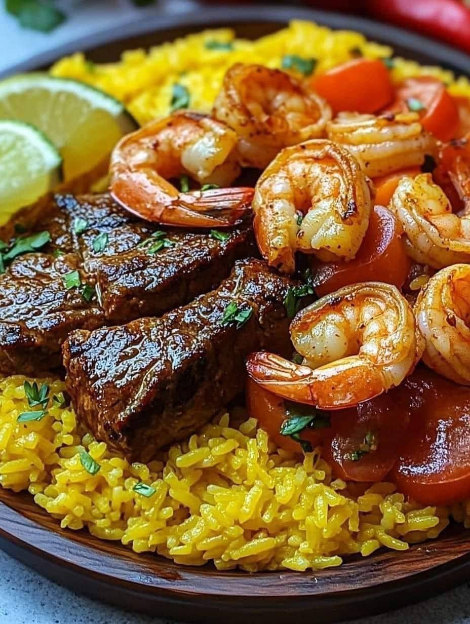 Jerk Steak & Shrimp over Yellow Rice – A Caribbean-Inspired Feast