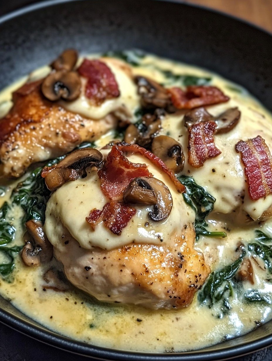 Smothered Chicken with Creamed Spinach, Bacon, and Mushrooms