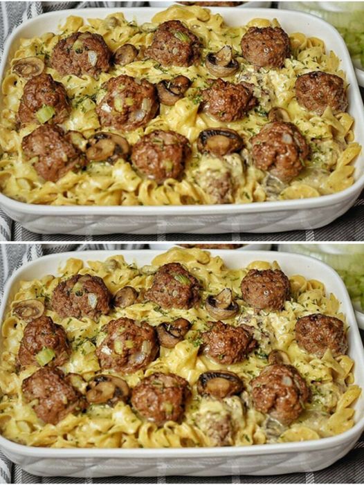 Pasta with mushroom sauce and meatballs