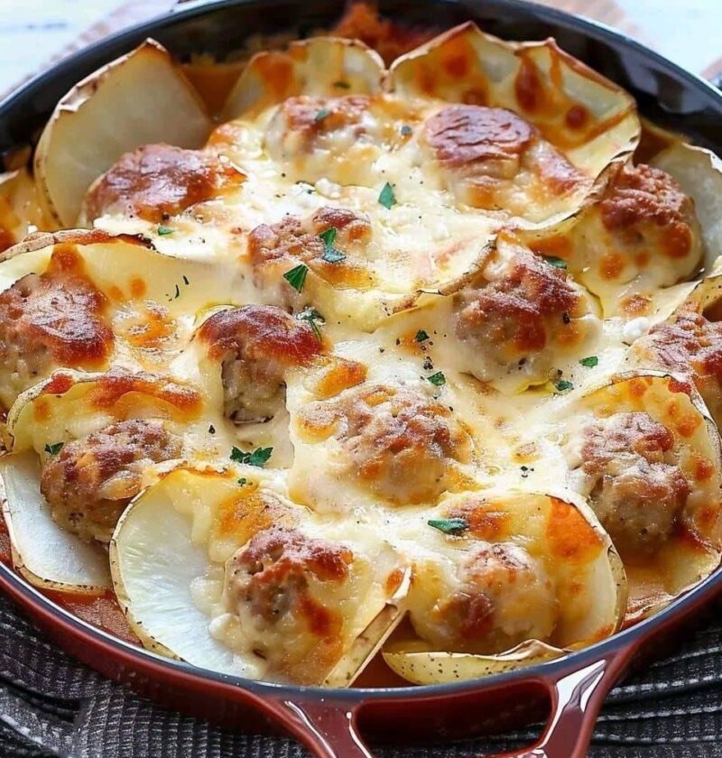 Layered Potatoes and Meatballs Casserole