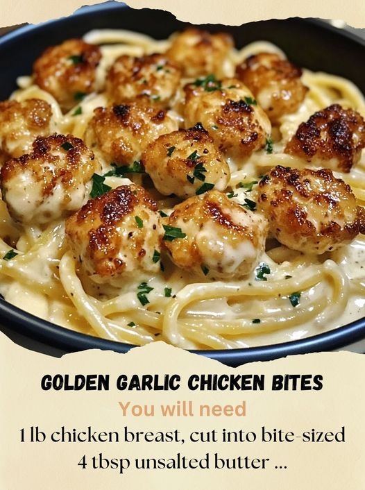 Golden Garlic Chicken Bites over Creamy Parmesan Pasta