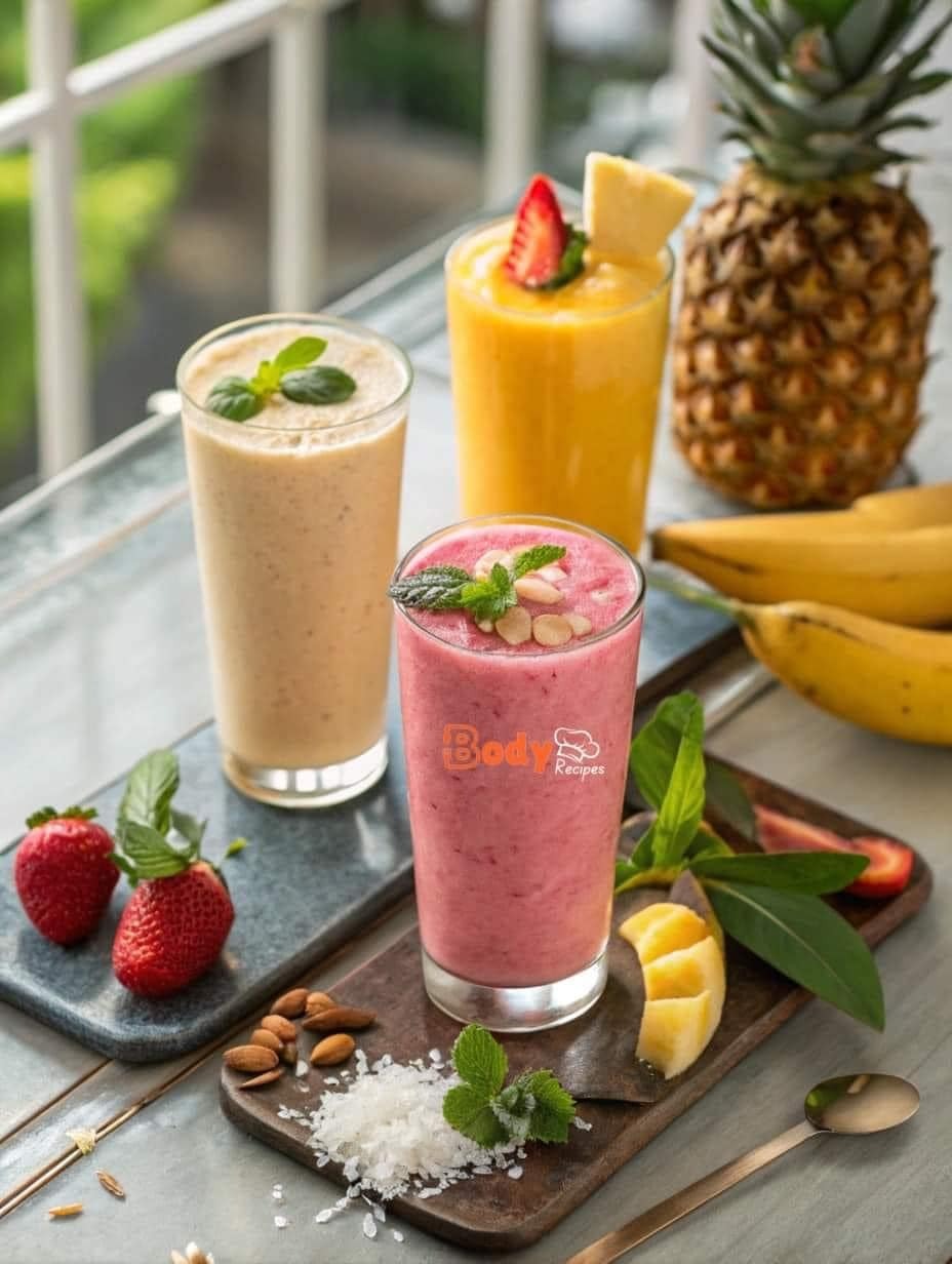 Banana Date, Strawberry Basil, and Pineapple Coconut Smoothies**