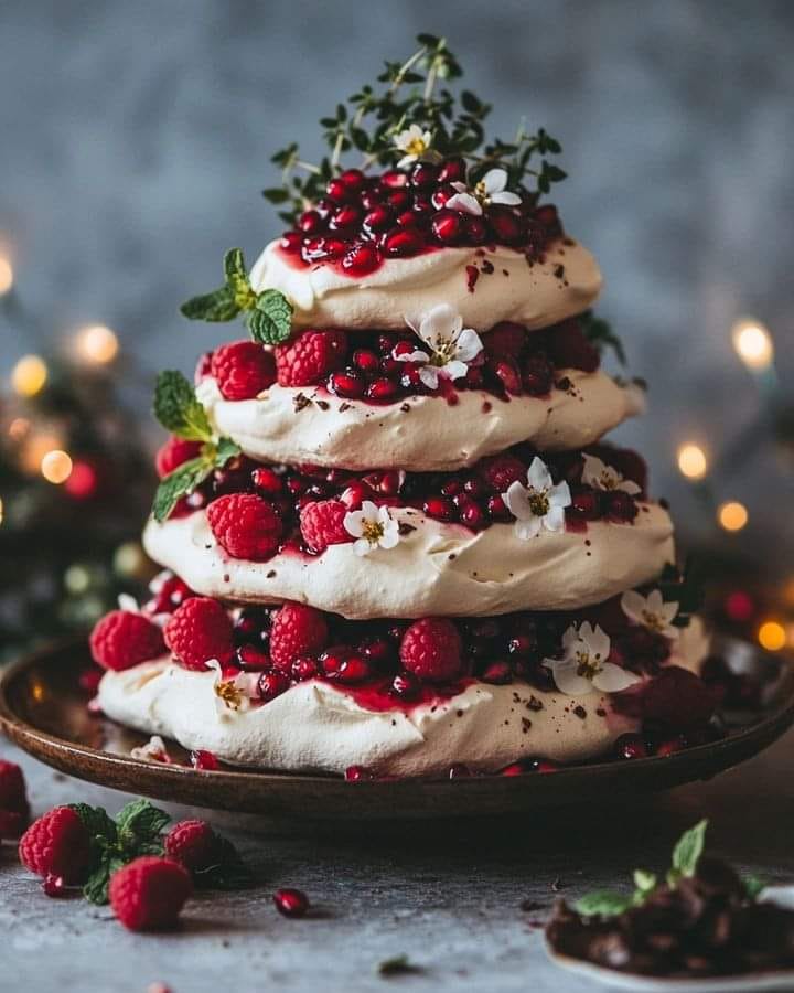 Pavlova Tower with Pomegranate & Raspberries | Holiday Dessert