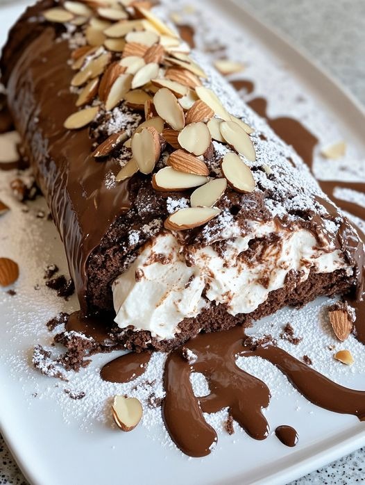 Elegance in every slice: rich roll of cream and chocolate almonds