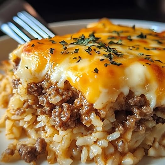 Cheddar-Crusted Ground Beef and Rice Casserole