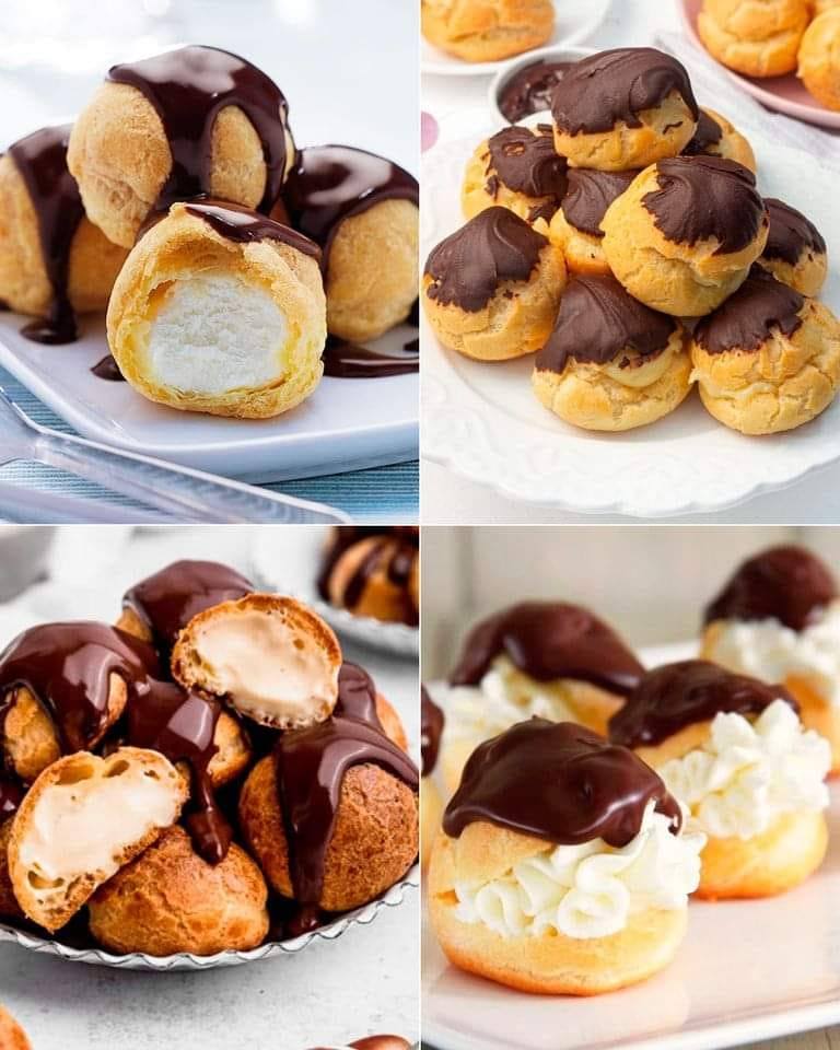 Profiteroles with cream and chocolate