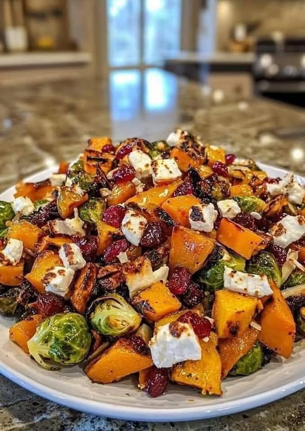 Cranberry-Glazed Roasted Butternut Squash, Brussels Sprouts, and Sweet Potato Salad with Cranberries and Goat Cheese