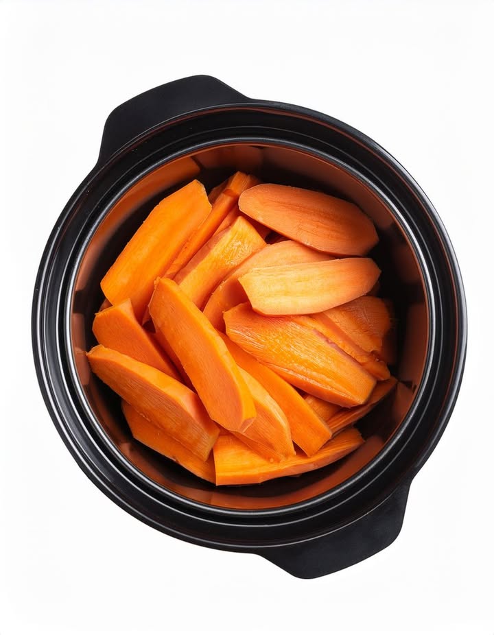 Put raw thinly sliced sweet potatoes in a slow cooker with these 4 ingredients. You’ll never eat them another way.